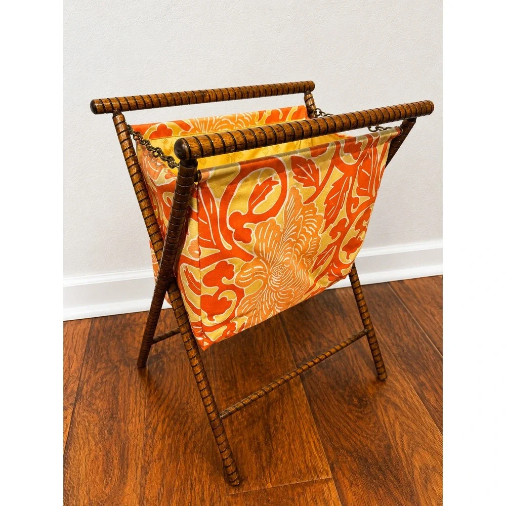 Vintage 1970s Wooden Knitting Bag Yarn Tote Needlework Sew Caddy Floral MCM Boho